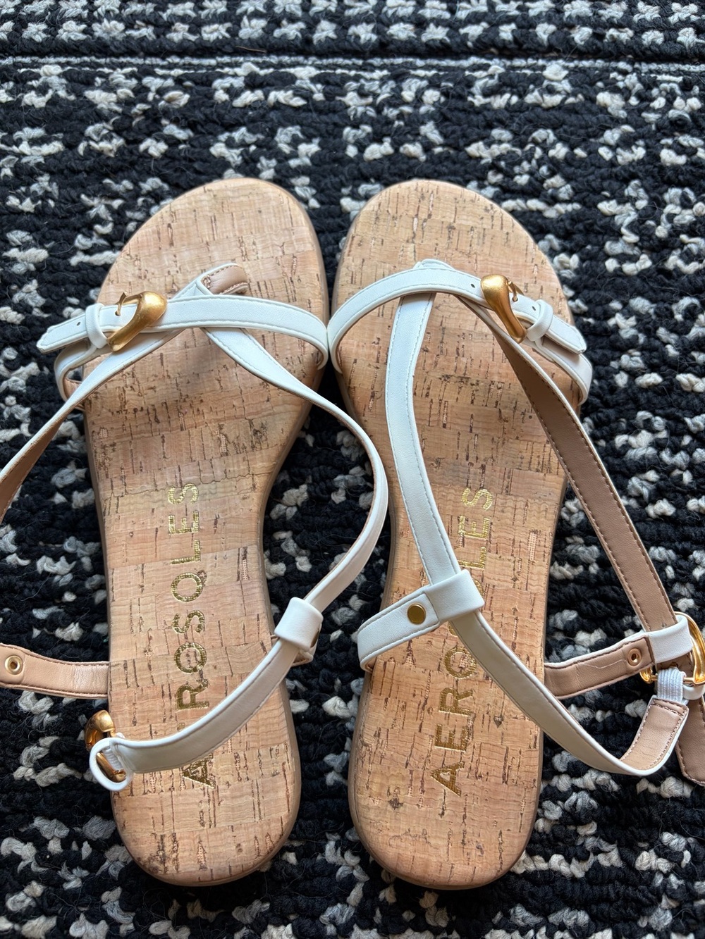 AEROSOLES White Cork T-Strap Sandals with Gold Buckle